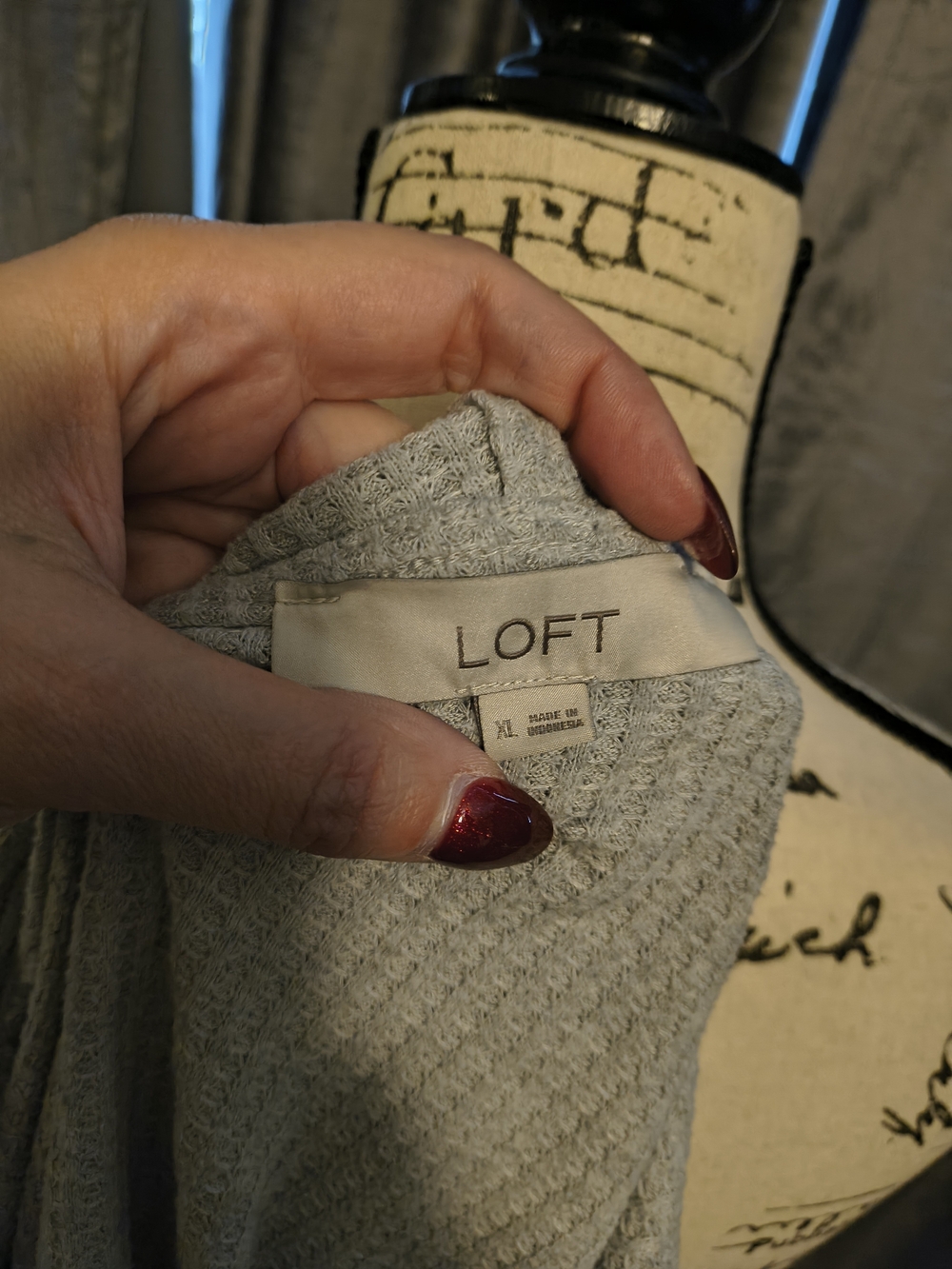 LOFT Light Gray Waffle Knit Hoodie Sweatshirt - Picture 3 of 4